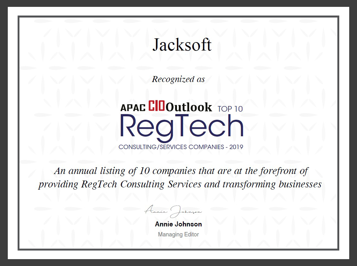 榮獲選為APAC CIO雜誌亞洲REGTECH前十強